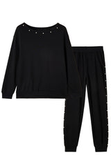 Black Beaded Decor Pullover and Jogger Pants Set