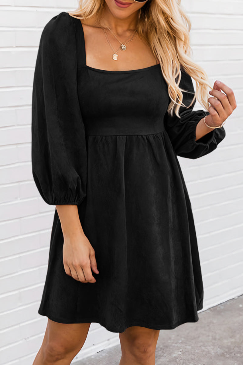 Black Suede Square Neck Puff Sleeve Dress