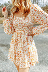 Apricot Boho Floral Smocked Puff Sleeve Mini Dress