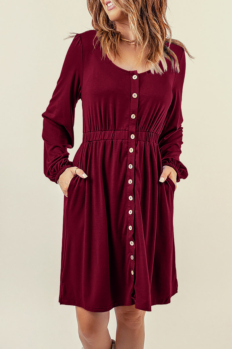 Fiery Red Button Up High Waist Long Sleeve Dress