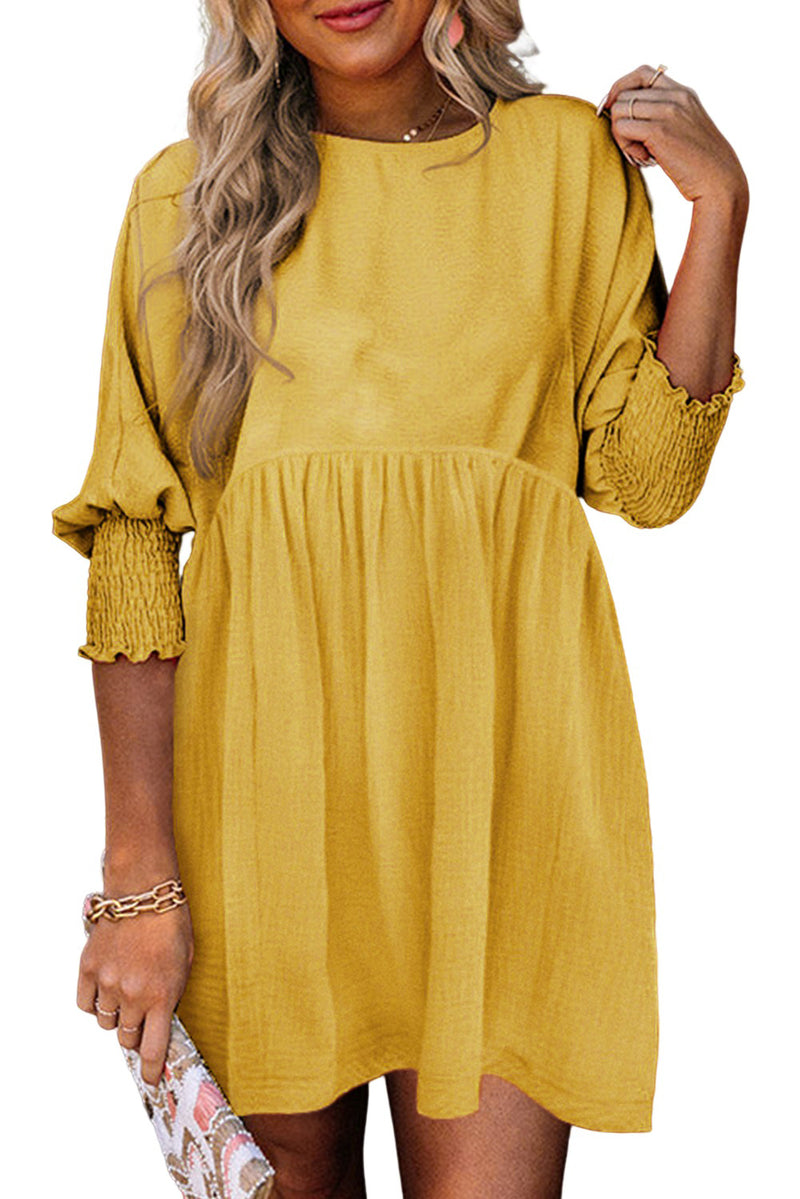 Yellow Solid Shirred Cuffs Short Swing Dress