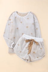 White Plush Star Pattern Long Sleeve Pullover and Shorts Lounge Set