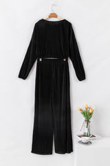 Black Corded Cropped Pullover and Wide Leg Pants Set