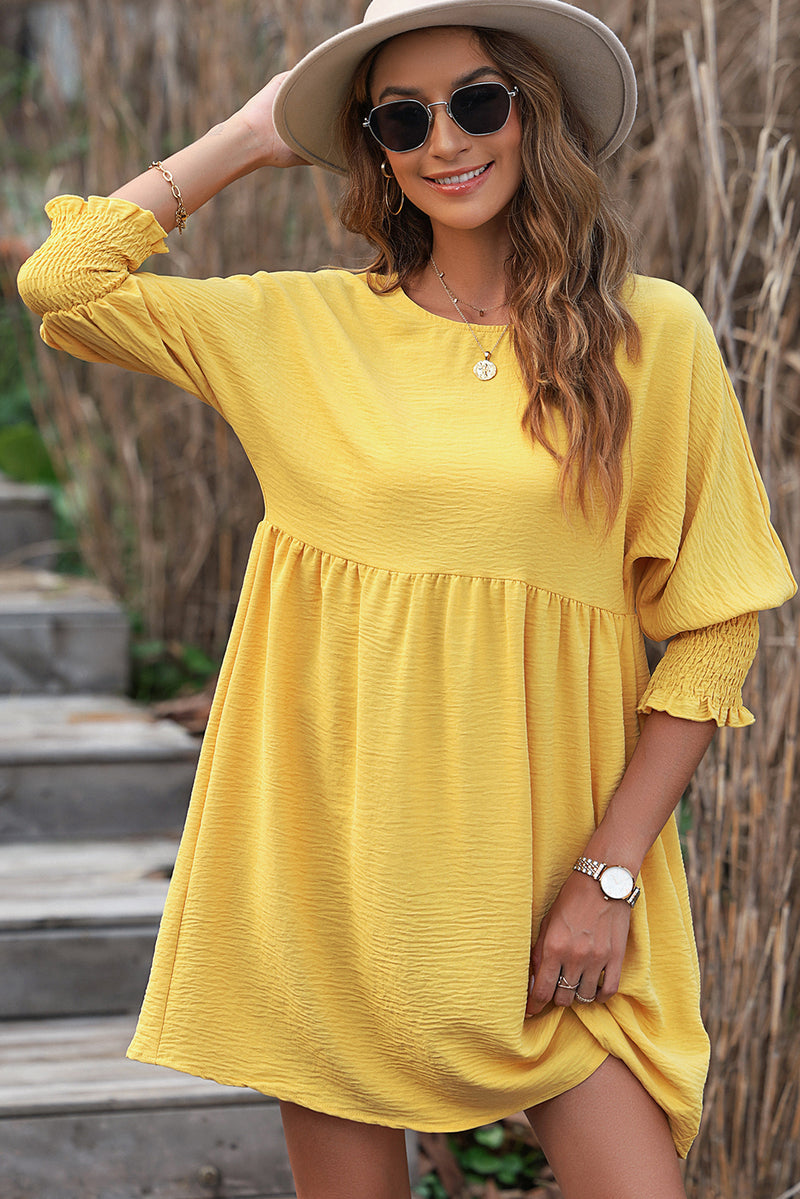 Yellow Solid Shirred Cuffs Short Swing Dress