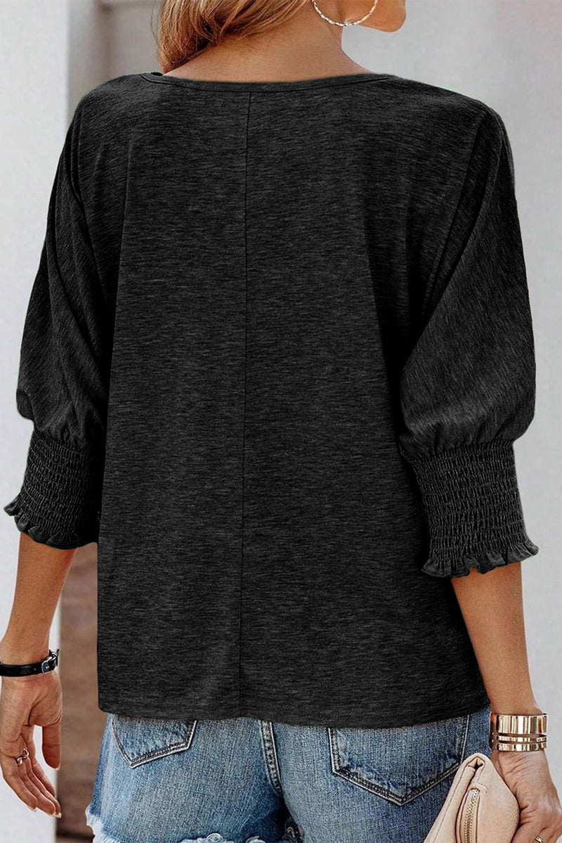 Black Smocked 3/4 Sleeve Casual Loose Top