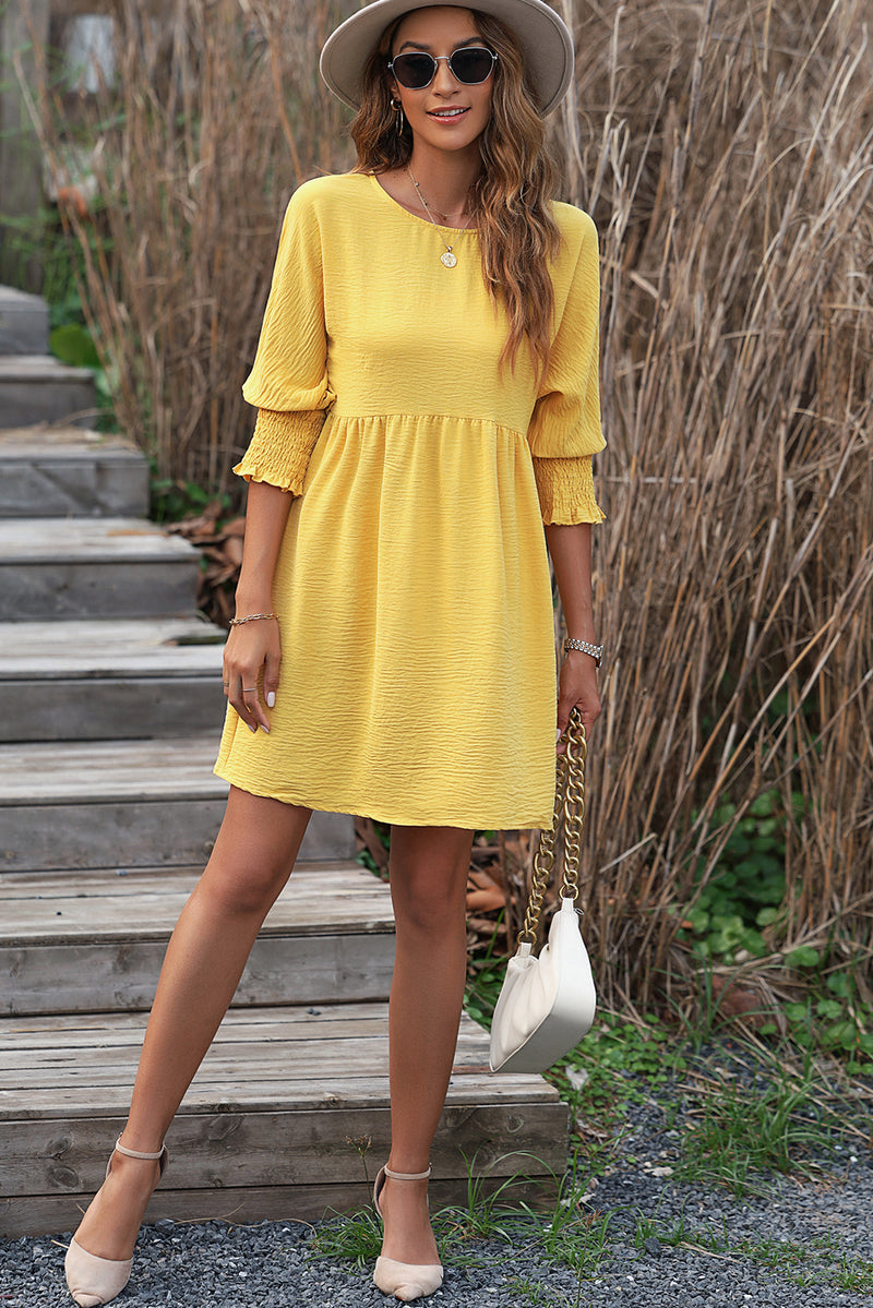 Yellow Solid Shirred Cuffs Short Swing Dress