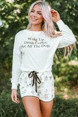 White Long Sleeve Letters Pullover and Animal Shorts Lounge Set