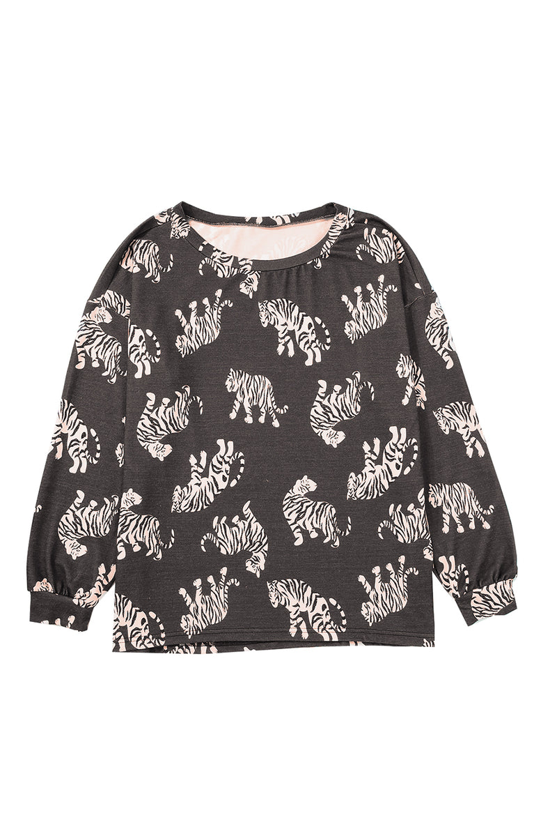 Lively Tiger Print Casual Sweatshirt