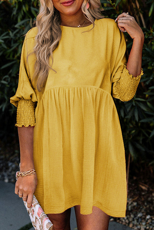 Yellow Solid Shirred Cuffs Short Swing Dress