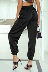 Black Satin Pocketed Drawstring Elastic Waist Pants