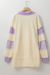 Yellow Colorblock Striped Split Neck Collared Sweatshirt