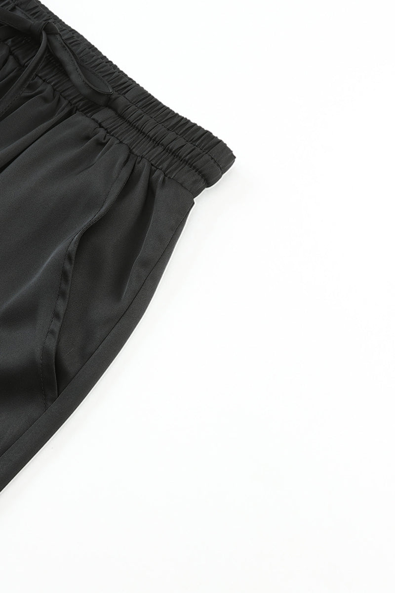 Black Satin Pocketed Drawstring Elastic Waist Pants