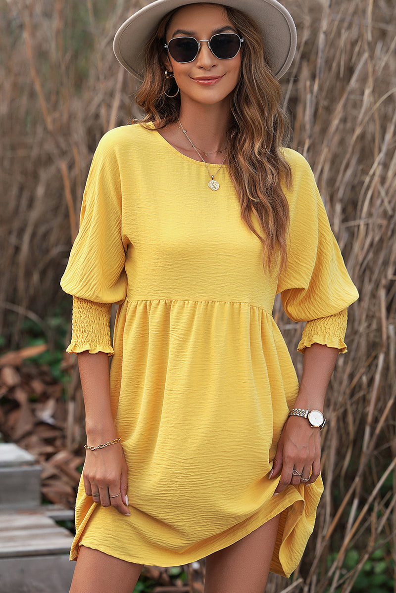 Yellow Solid Shirred Cuffs Short Swing Dress