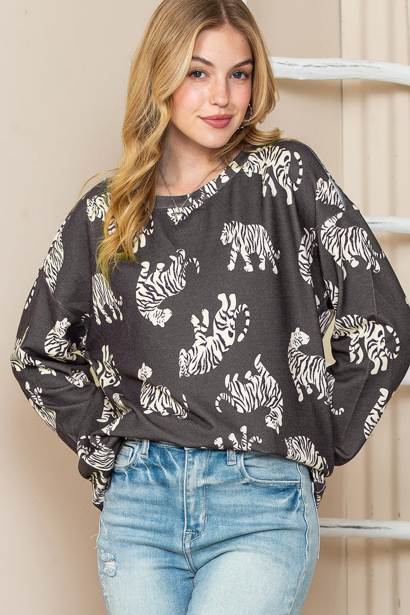 Lively Tiger Print Casual Sweatshirt