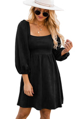 Black Suede Square Neck Puff Sleeve Dress