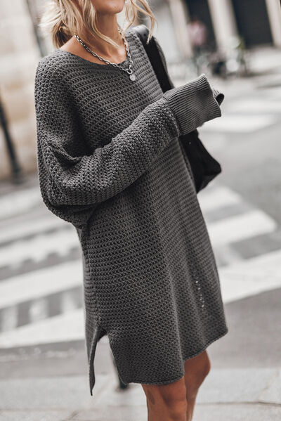 Round Neck Long Sleeve Slit Oversized Sweater